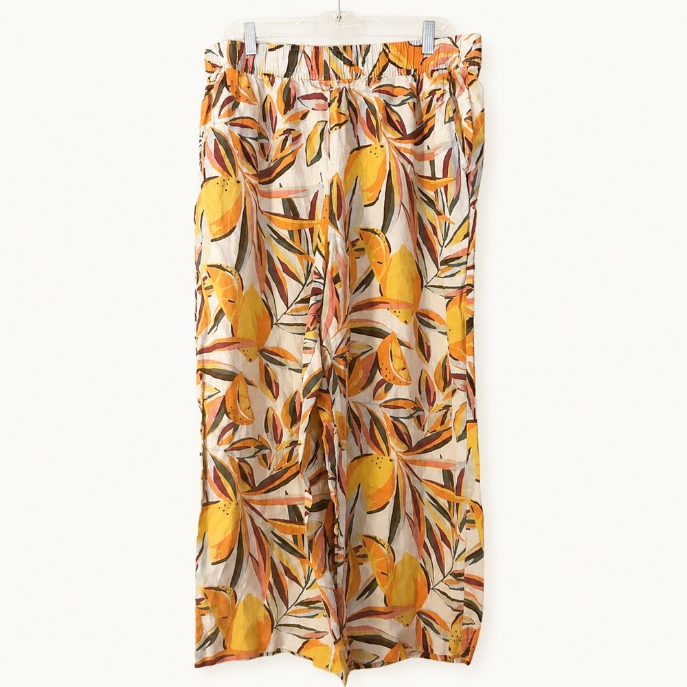 C&C California Pants Size XL Linen Wide Crop Lemon Orange Resort Beachy Tropical